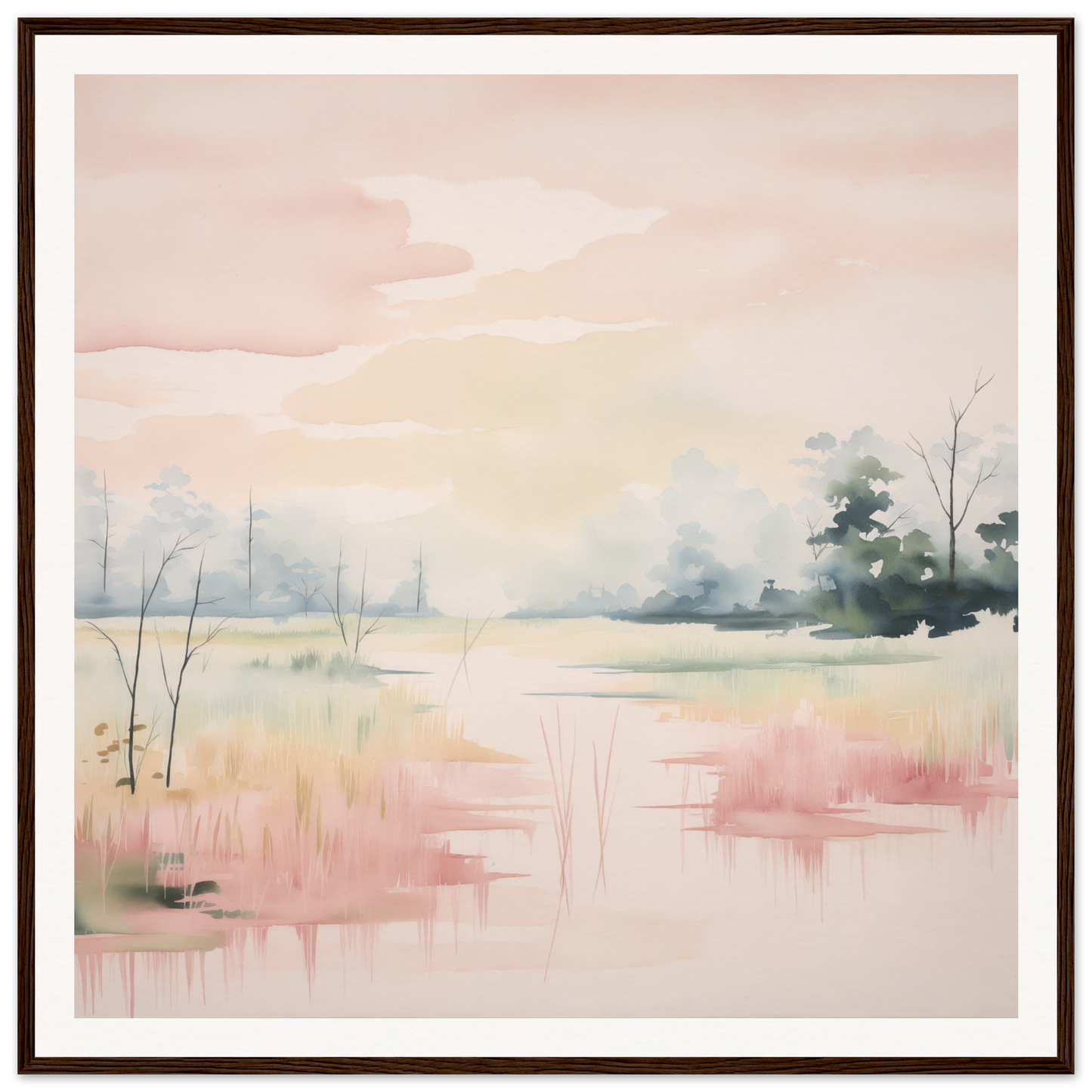 Soft watercolor landscape painting in muted pink and gray tones titled Ethereal Swamp Symphony