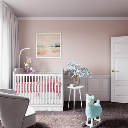 White wooden crib with pink bedding in Ethereal Swamp Symphony collection