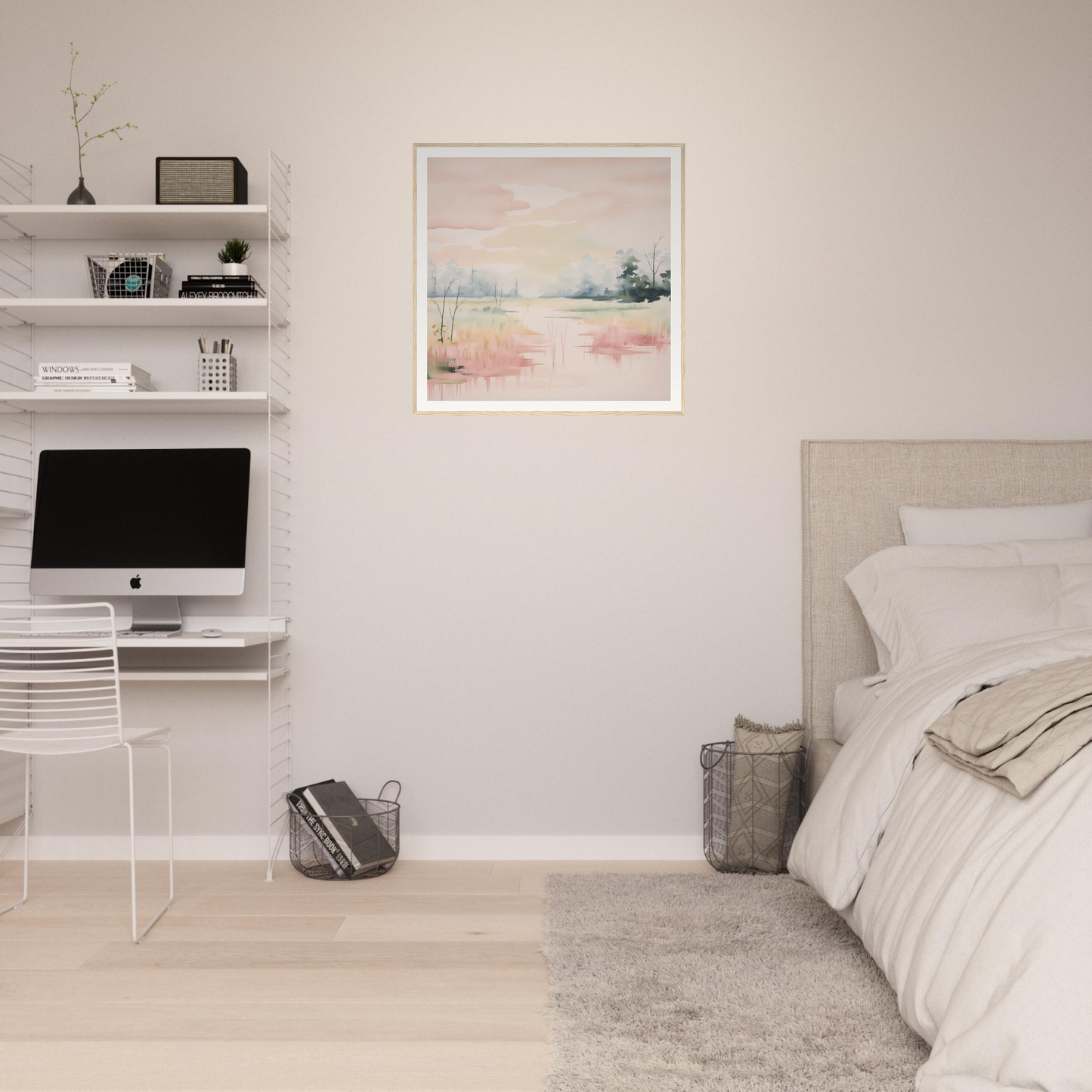 Minimalist bedroom workspace featuring floating white shelves and an iMac in Ethereal Swamp Symphony