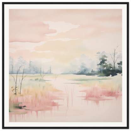 Soft watercolor landscape painting in muted pink and gray tones from Ethereal Swamp Symphony