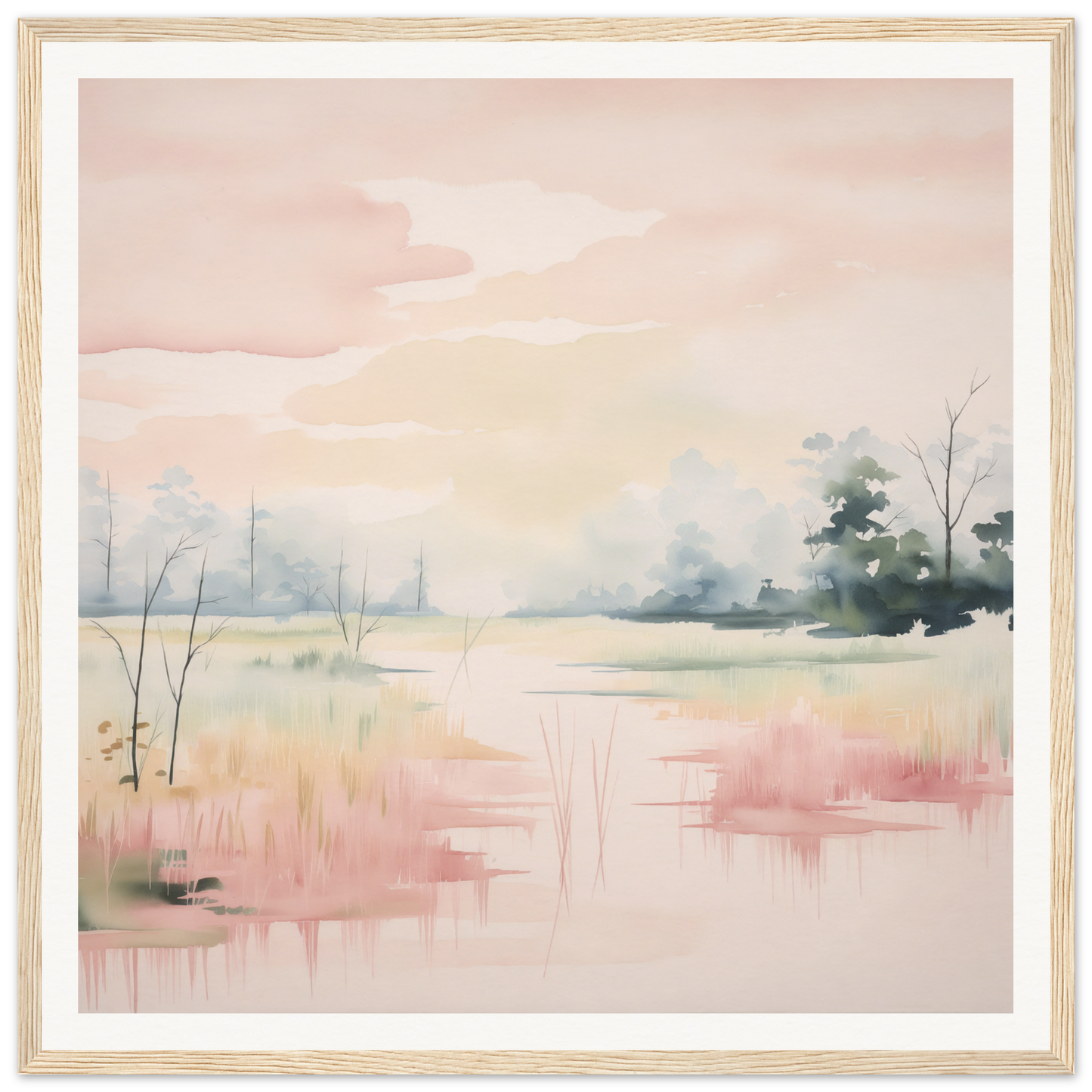 Soft watercolor landscape in muted pink and green tones for Ethereal Swamp Symphony