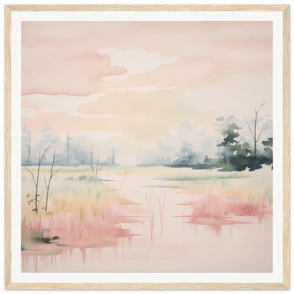 Soft watercolor landscape in muted pink and green tones for Ethereal Swamp Symphony