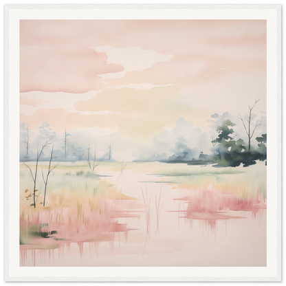 Soft pastel watercolor landscape depicting Ethereal Swamp Symphony in pink and green tones