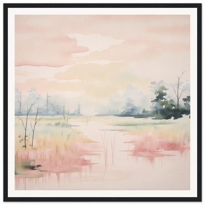 Watercolor landscape of a misty marsh in soft pink and green tones titled Ethereal Swamp Symphony