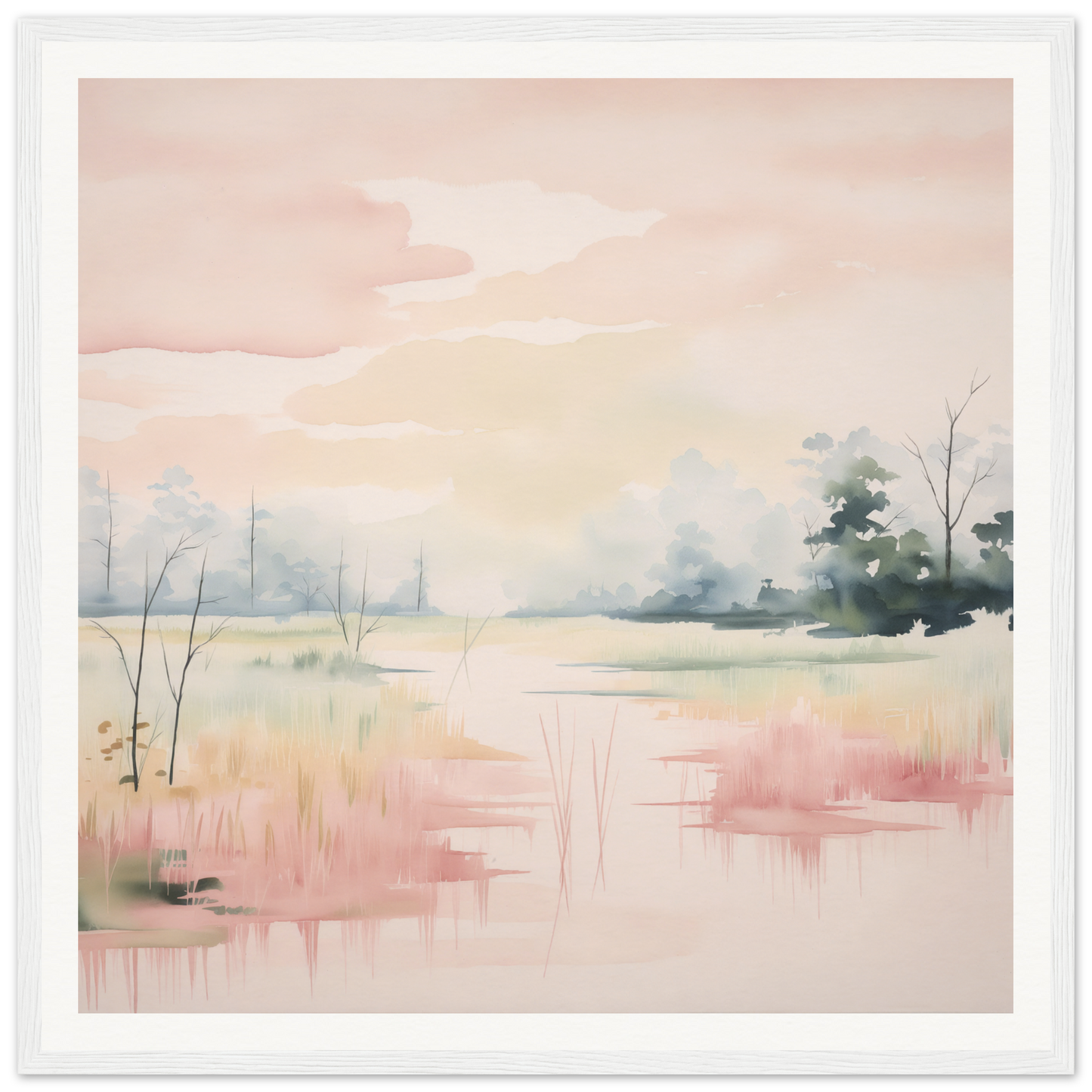 Watercolor landscape of a misty wetland in pink and green titled Ethereal Swamp Symphony