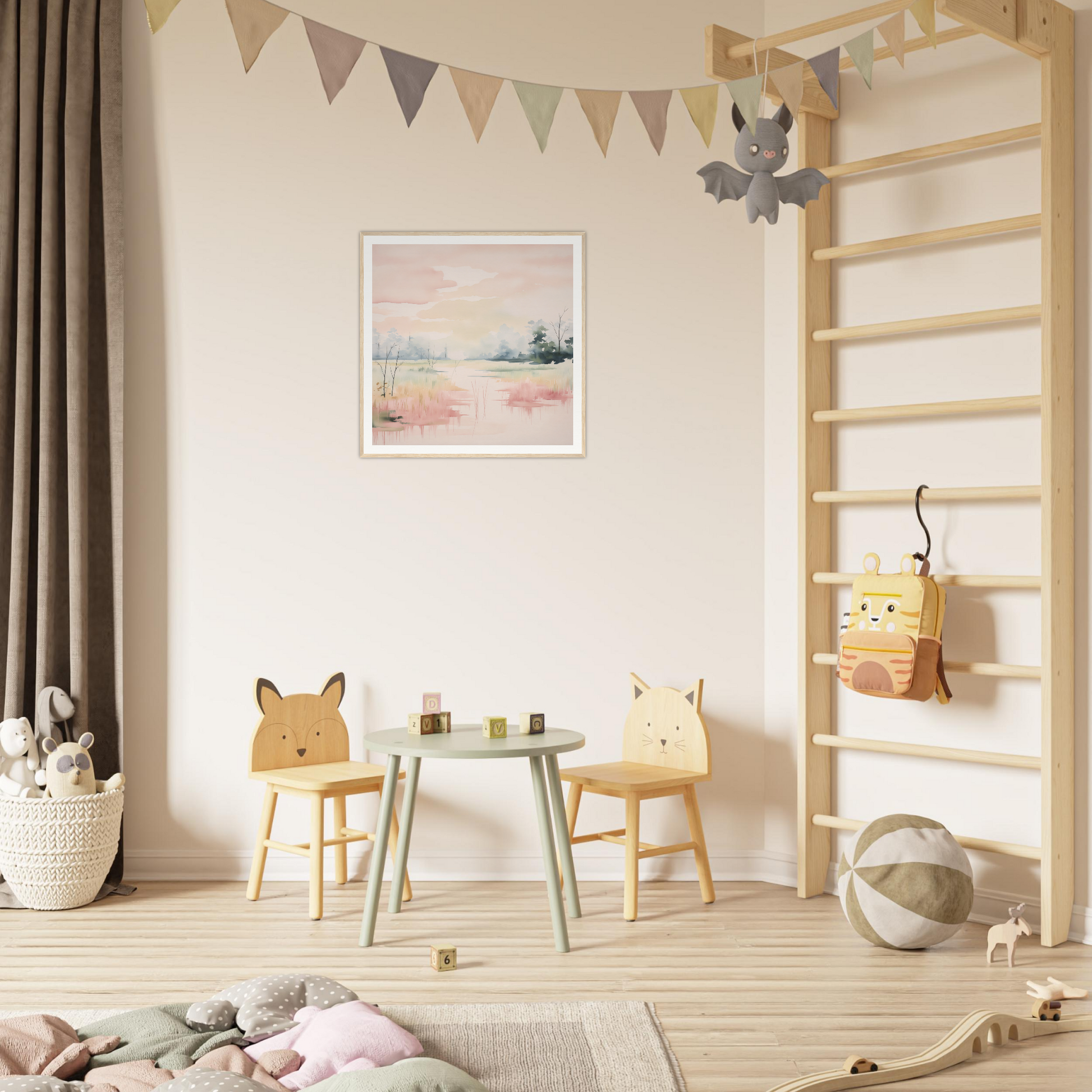 Children’s play area featuring animal-themed chairs and a round table in Ethereal Swamp Symphony