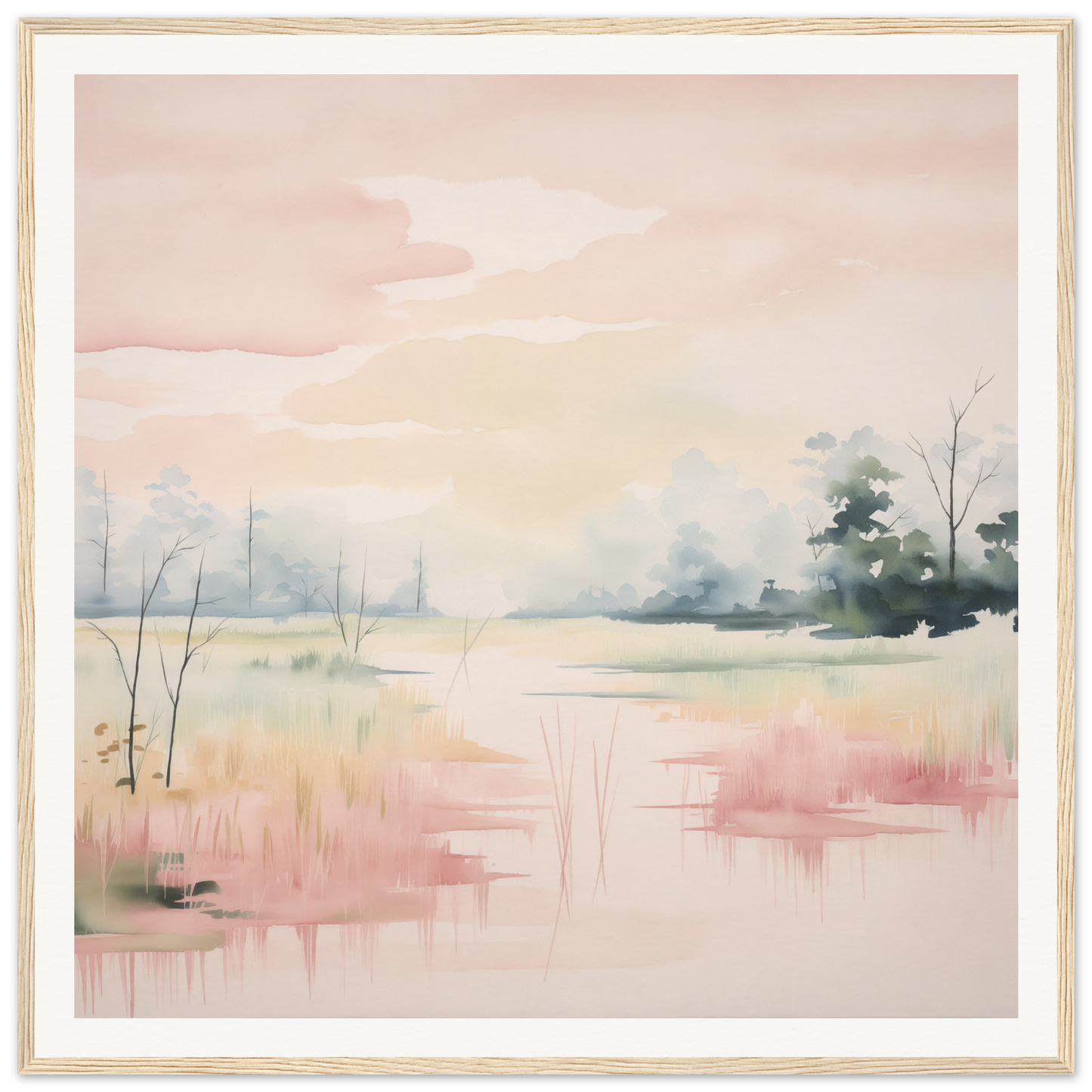 Soft watercolor landscape in pink and misty tones for Ethereal Swamp Symphony