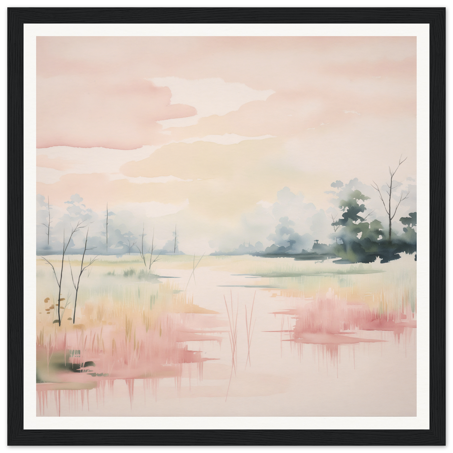 Watercolor painting of a misty winter landscape in pink and gray for Ethereal Swamp Symphony