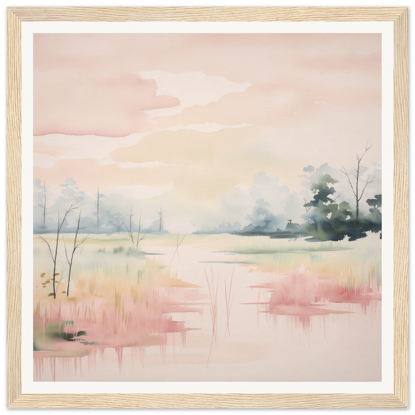 Watercolor landscape of a misty wetland in soft pink and green hues, Ethereal Swamp Symphony