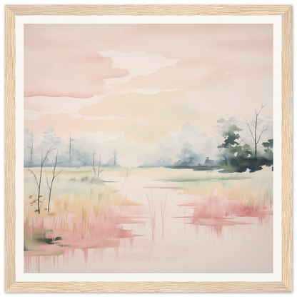 Watercolor landscape of a misty wetland in soft pink and green hues, Ethereal Swamp Symphony