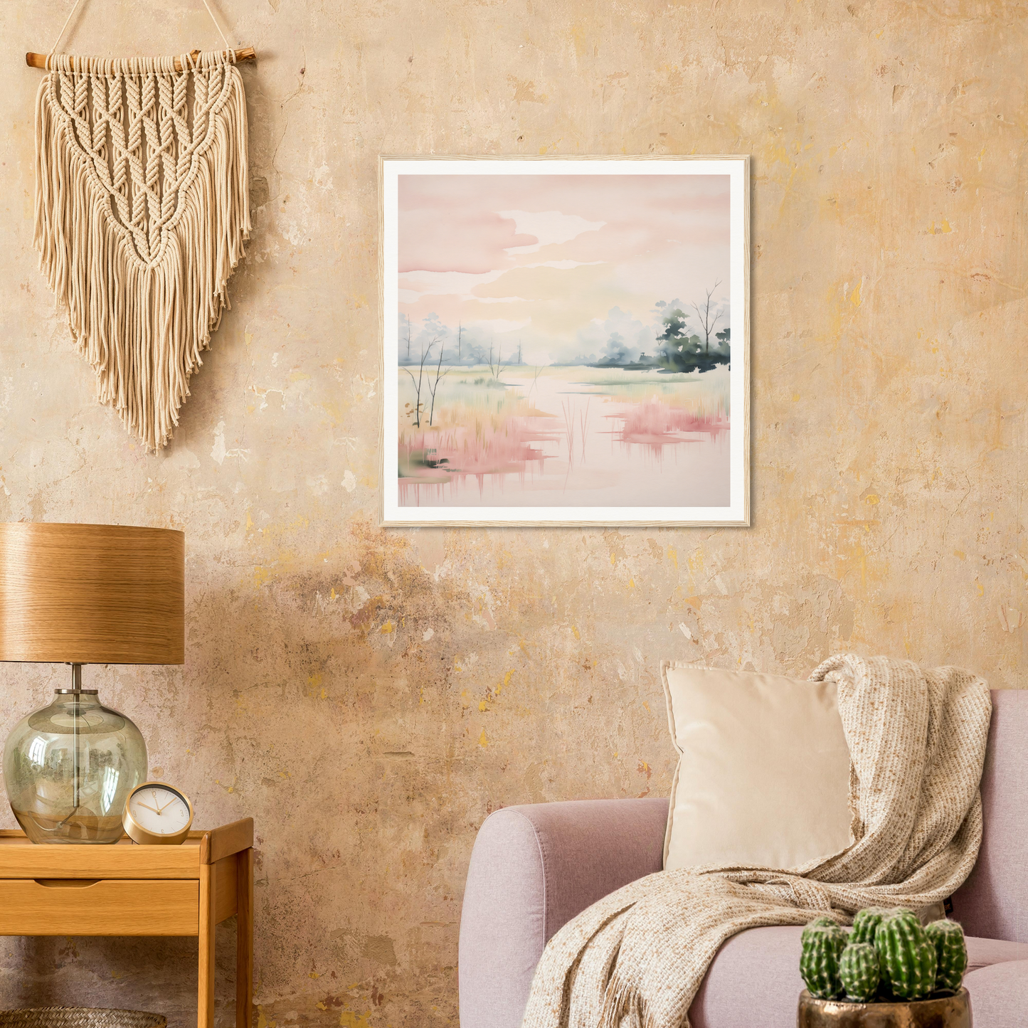 Cozy reading nook with pink armchair, macramé art, and watercolor landscape in Ethereal Swamp Symphony