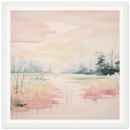 Soft watercolor landscape painting in pink and green for Ethereal Swamp Symphony