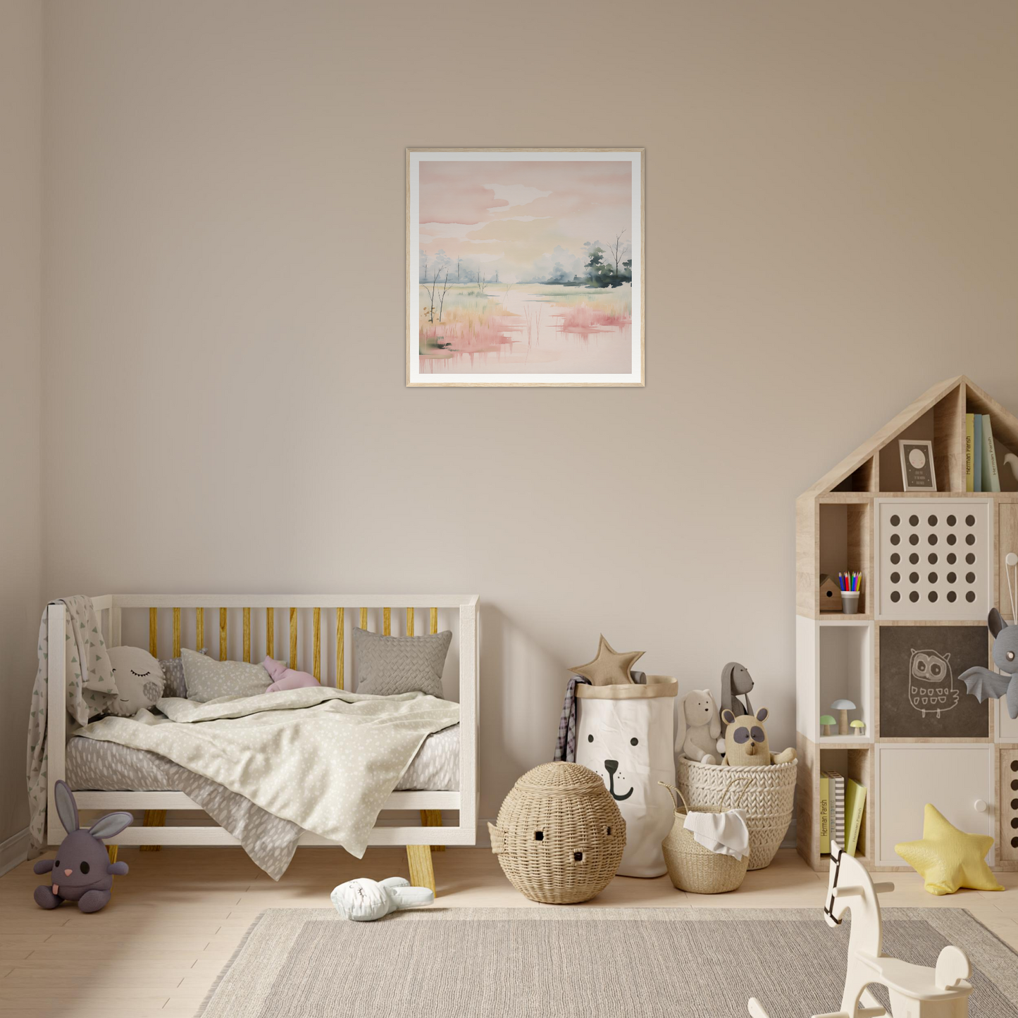 Wooden crib featuring gray and yellow bedding in Ethereal Swamp Symphony design