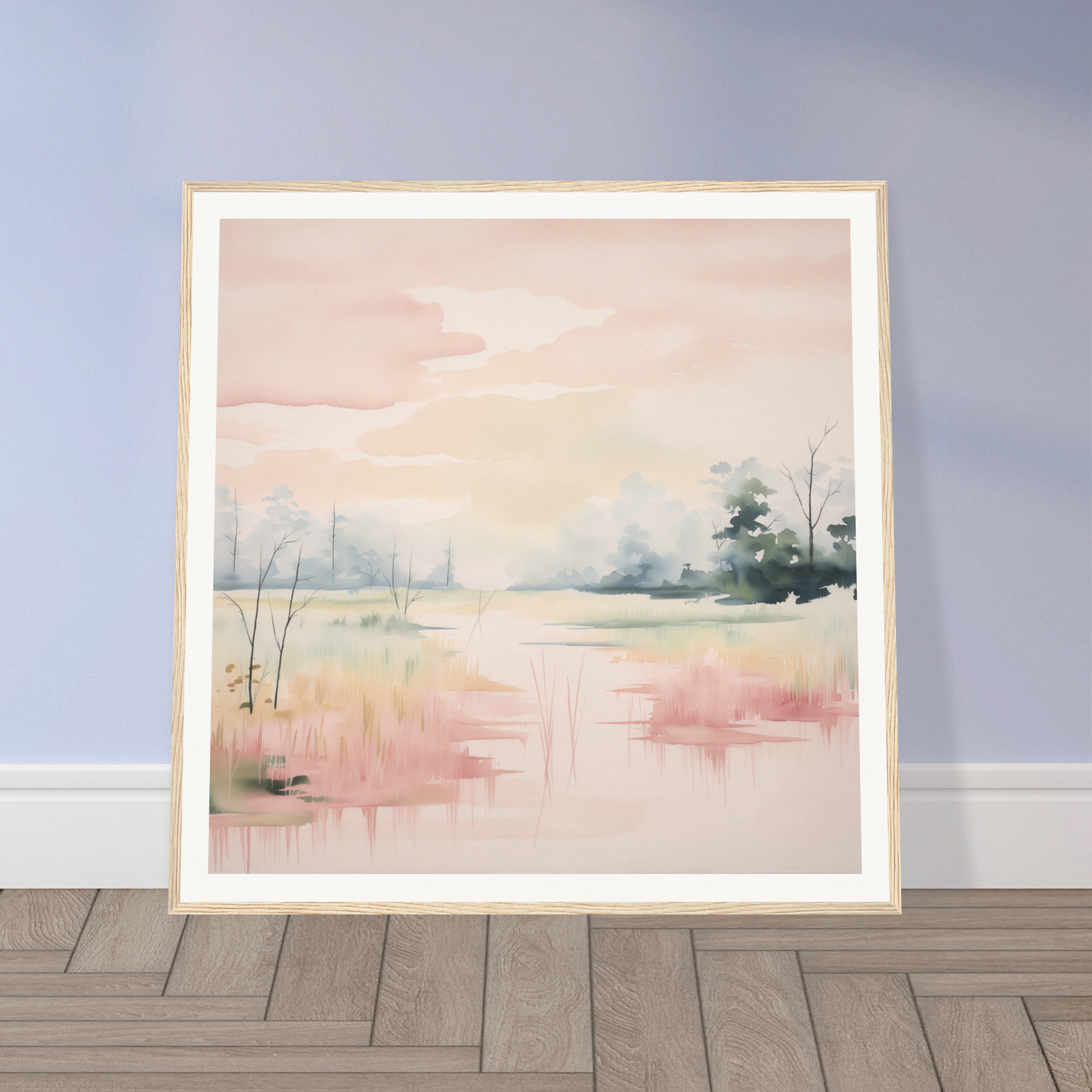 Framed watercolor painting of Ethereal Swamp Symphony with misty pastel landscape reflections