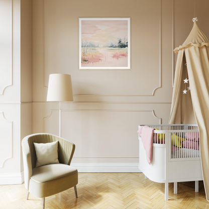 Modern nursery featuring a white crib with a beige canopy in Ethereal Swamp Symphony