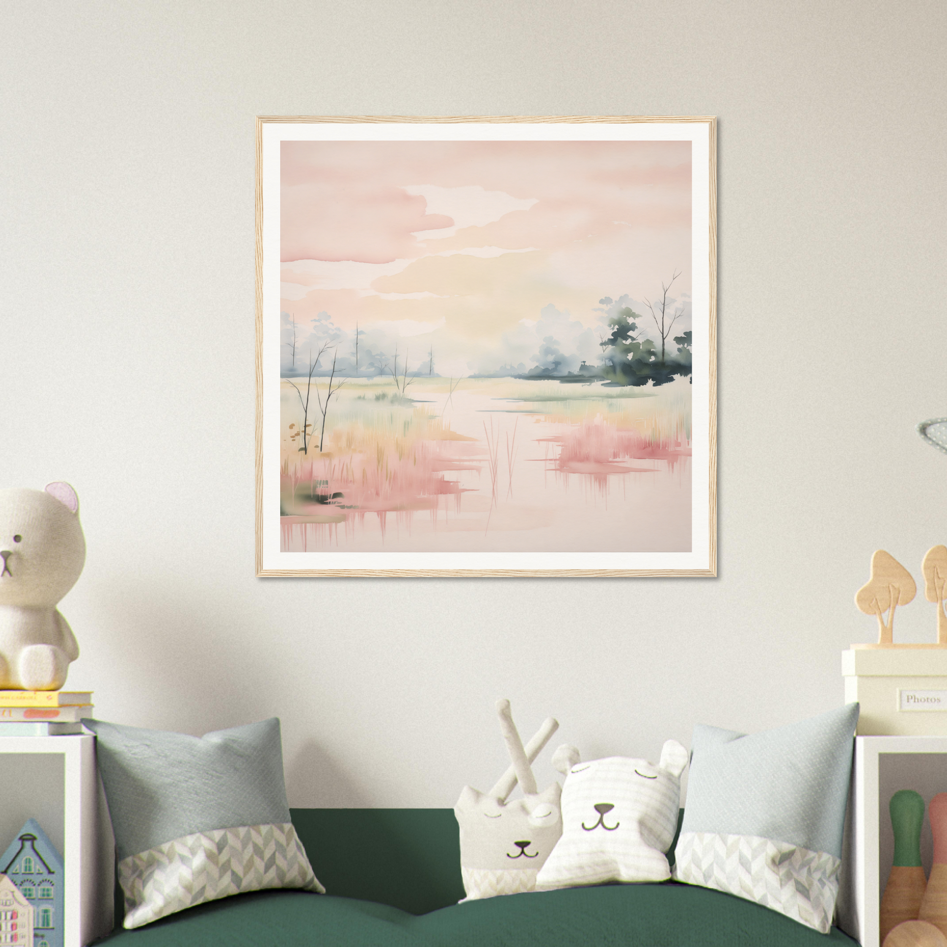 Framed watercolor painting of a pastel landscape in pink and blue for Ethereal Swamp Symphony