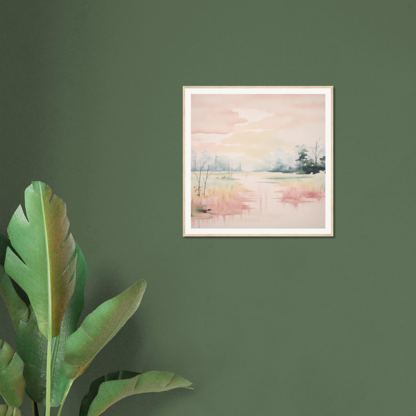 Framed watercolor landscape painting in soft pink and gray tones titled Ethereal Swamp Symphony