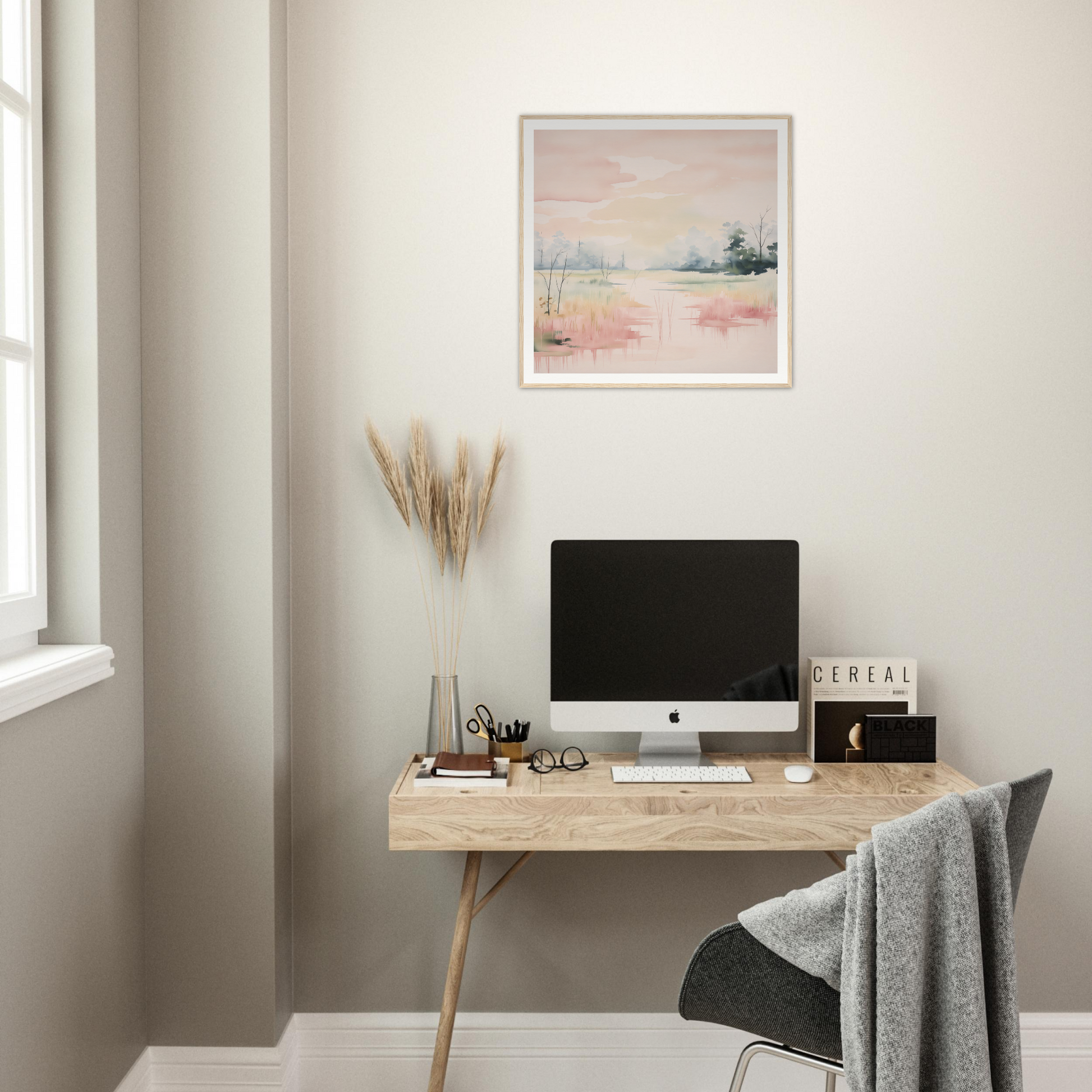 Minimalist wooden desk featuring an iMac and decorative accessories in Ethereal Swamp Symphony