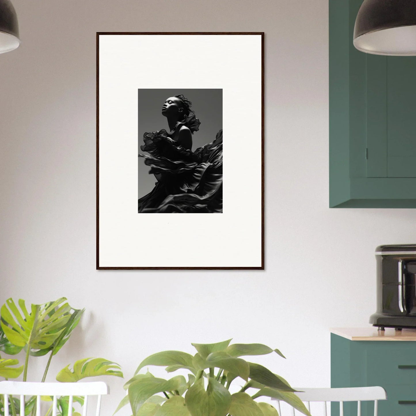 Framed black and white photograph of a figure in flowing fabric for Twilight Reverie room decor