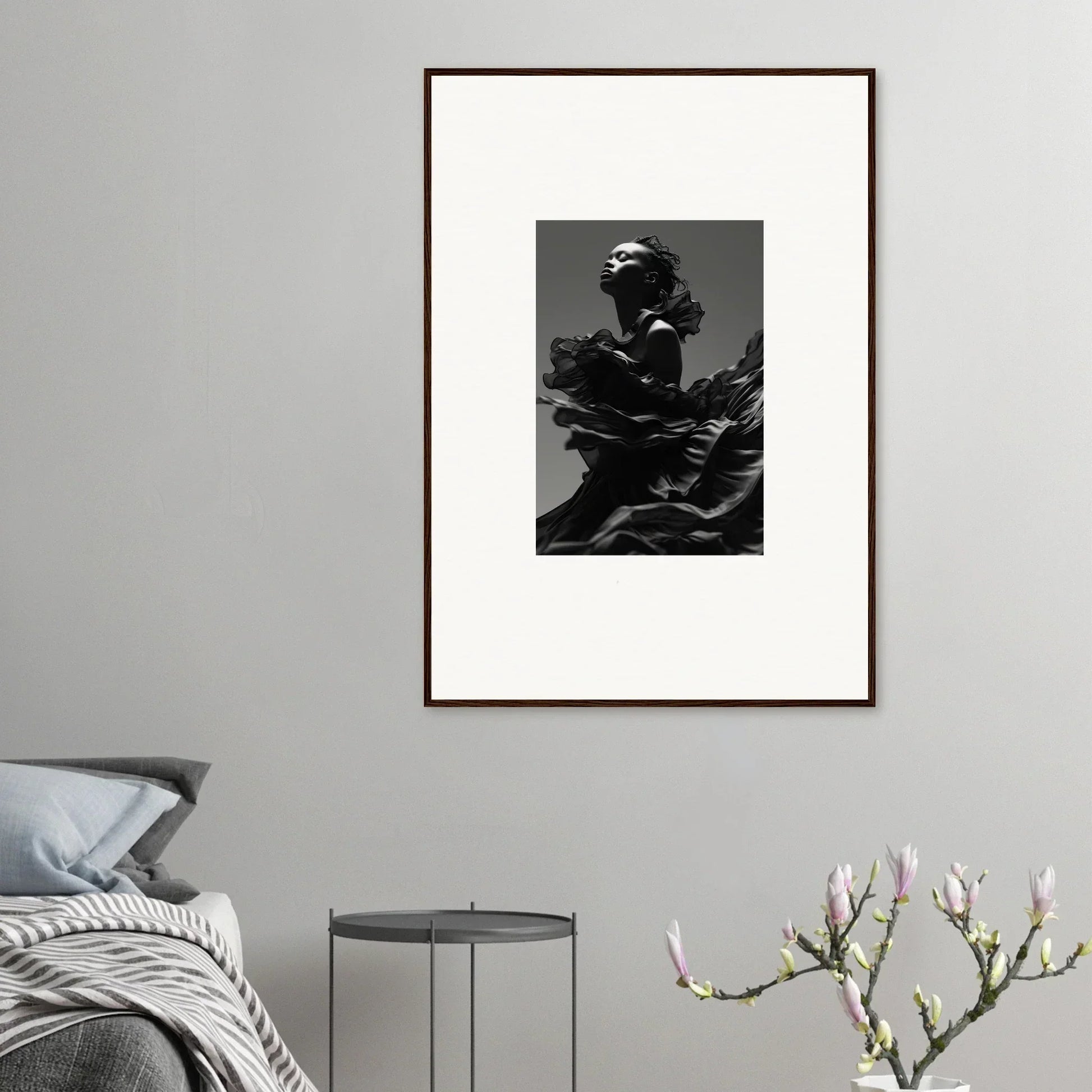 Framed black and white photograph of a person for elegant twilight reverie room decor