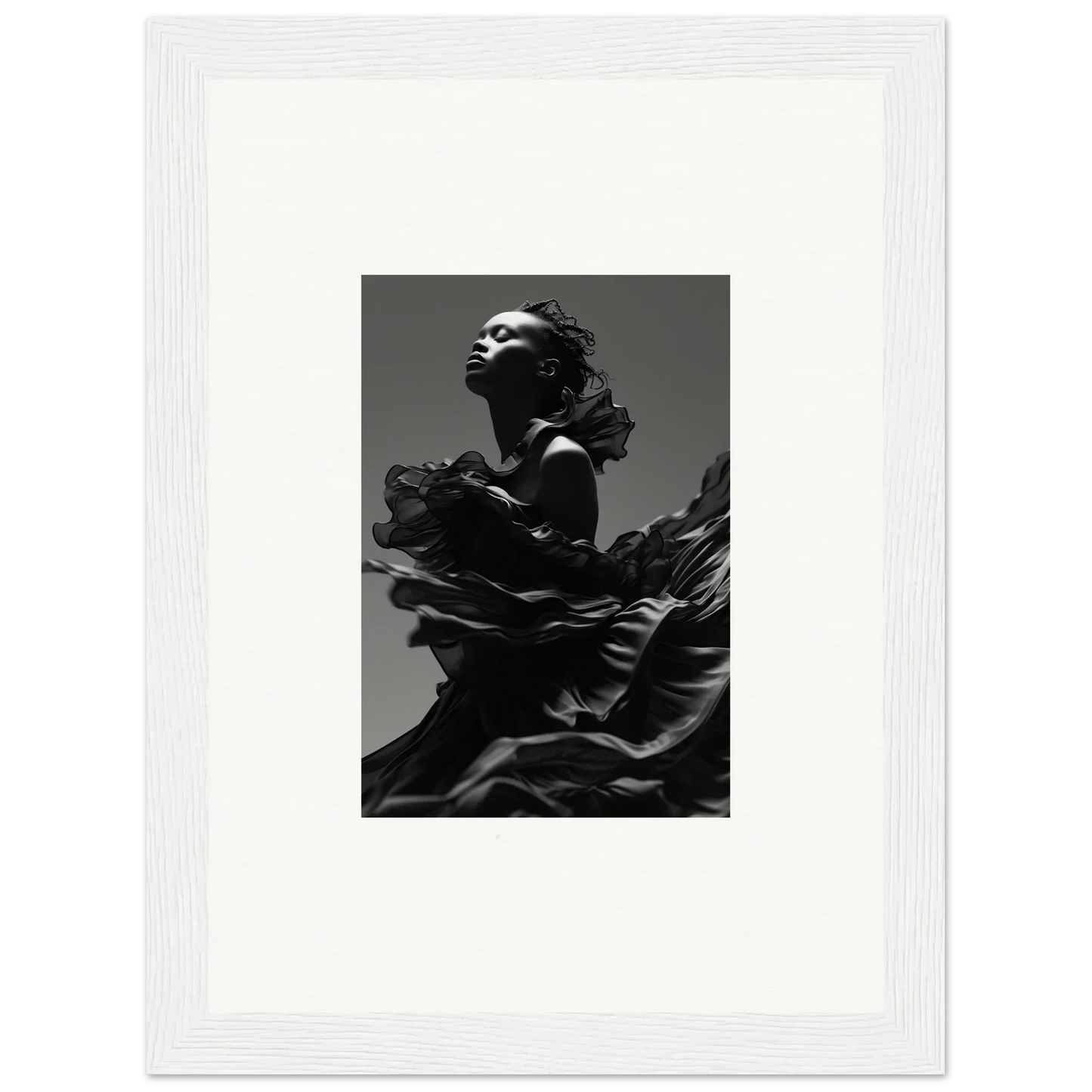 Dramatic black and white image of a person embodying Twilight Reverie, ideal for room decor