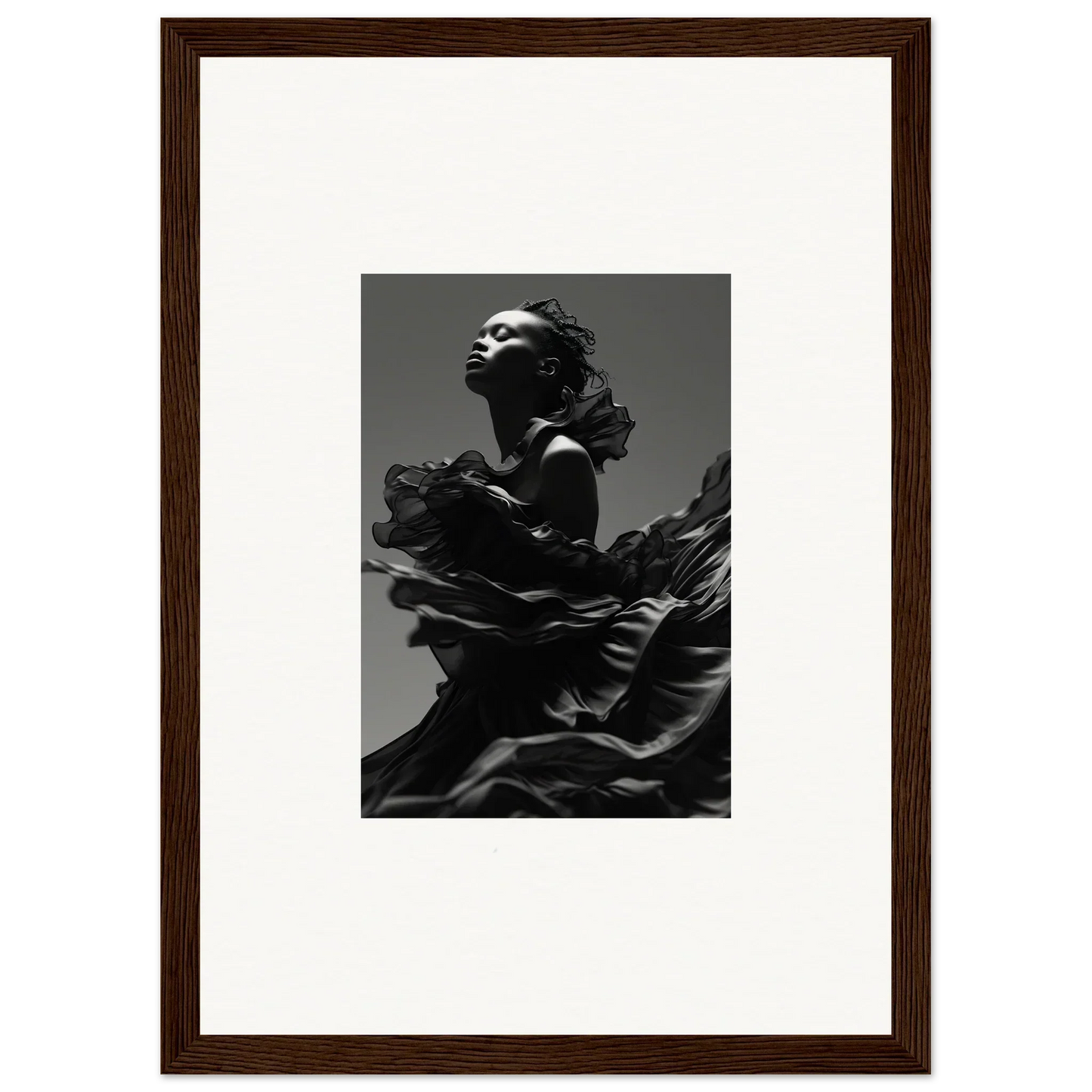 Black and white photo of a person in flowing fabric, perfect for Twilight Reverie room decor