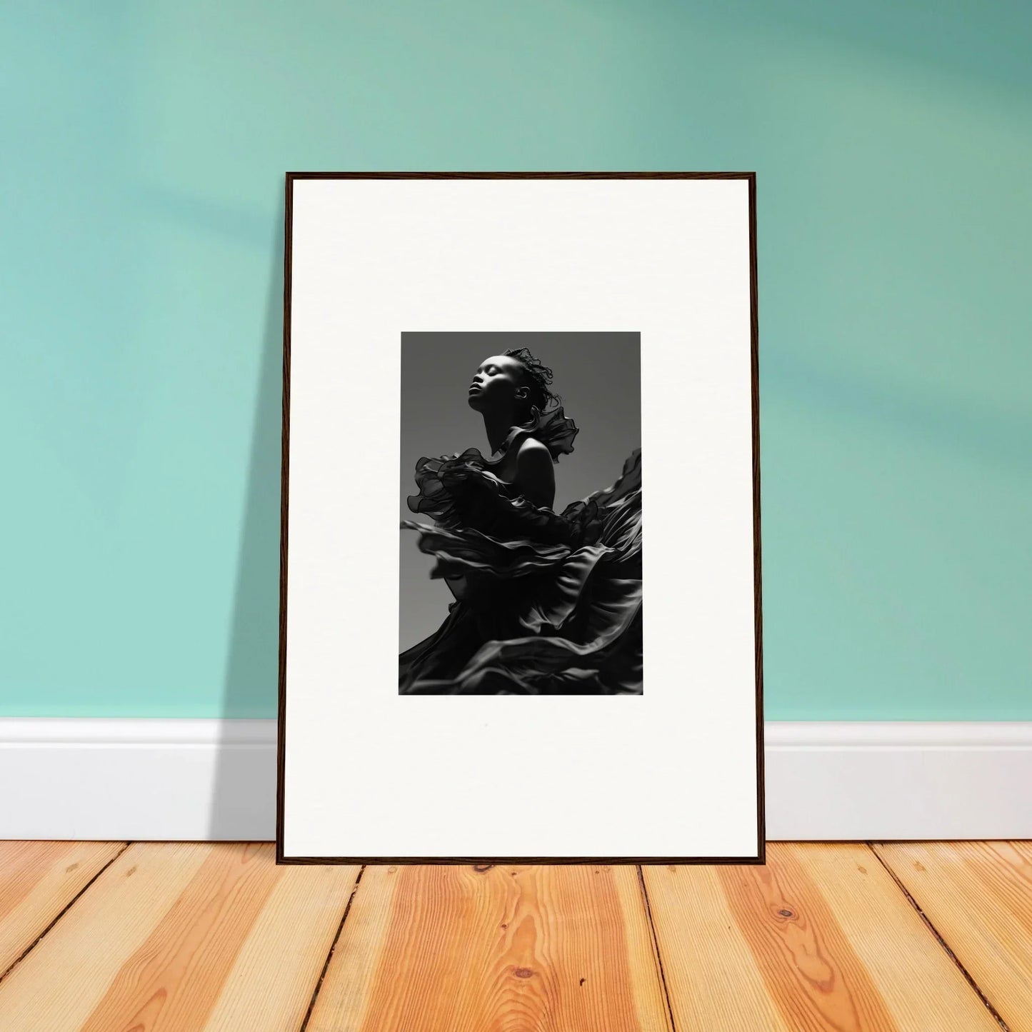 Framed black and white wall art of a person in dramatic pose for twilight reverie room decor