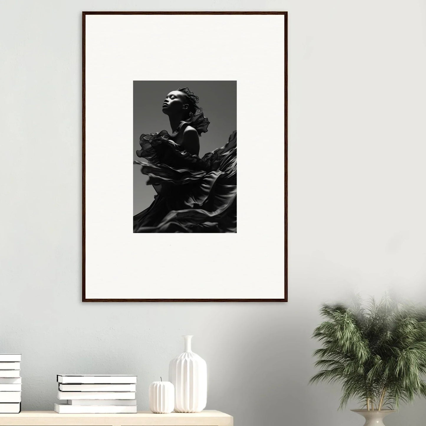 Framed black and white photograph of a person in dramatic pose for Twilight Reverie room decor