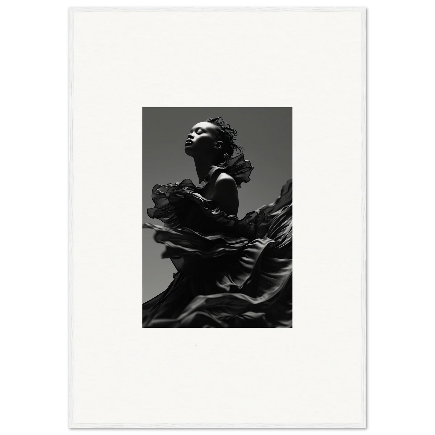 Dramatic black-and-white figure in flowing fabric for Twilight Reverie framed wall art