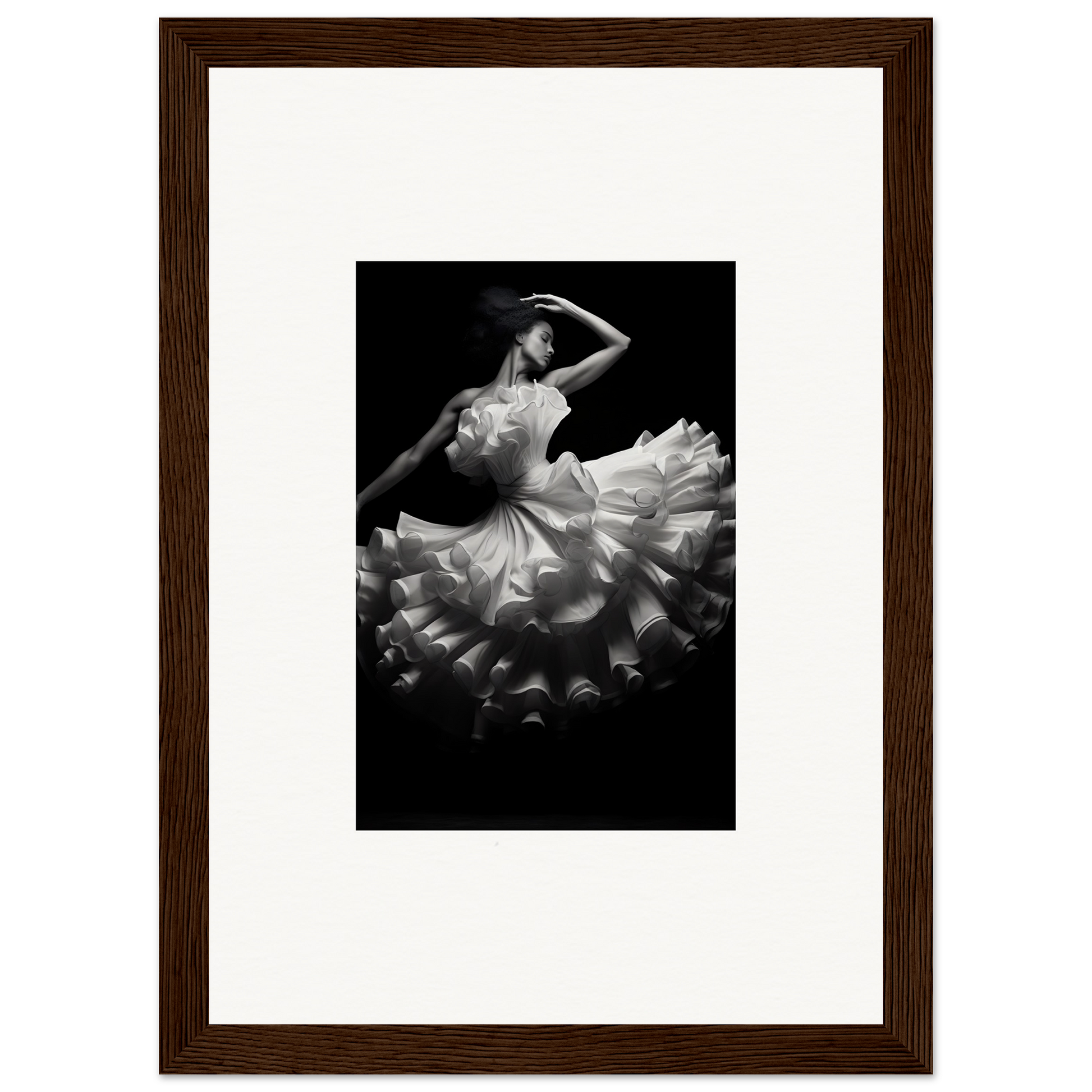 Black and white photograph of a dancer in a flowing, ruffled dress striking a dramatic pose.
