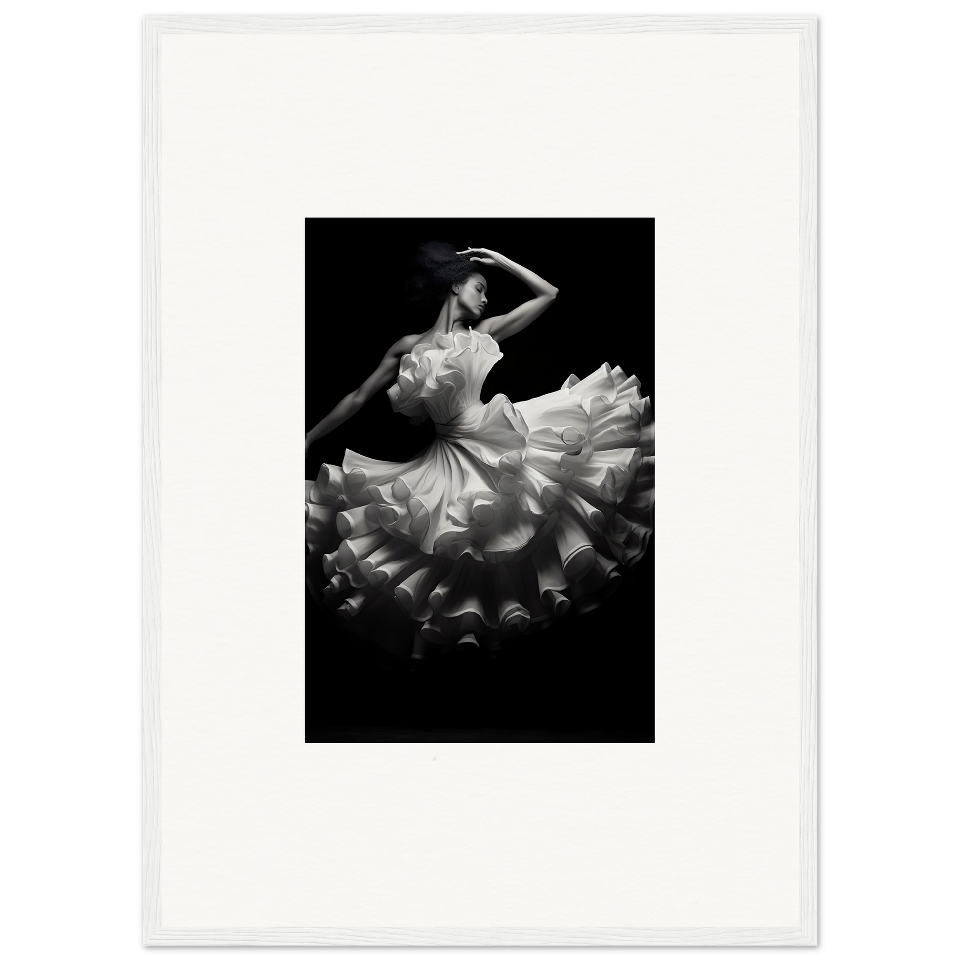 Graceful ballet dancer in a voluminous white tutu dress striking an elegant pose.