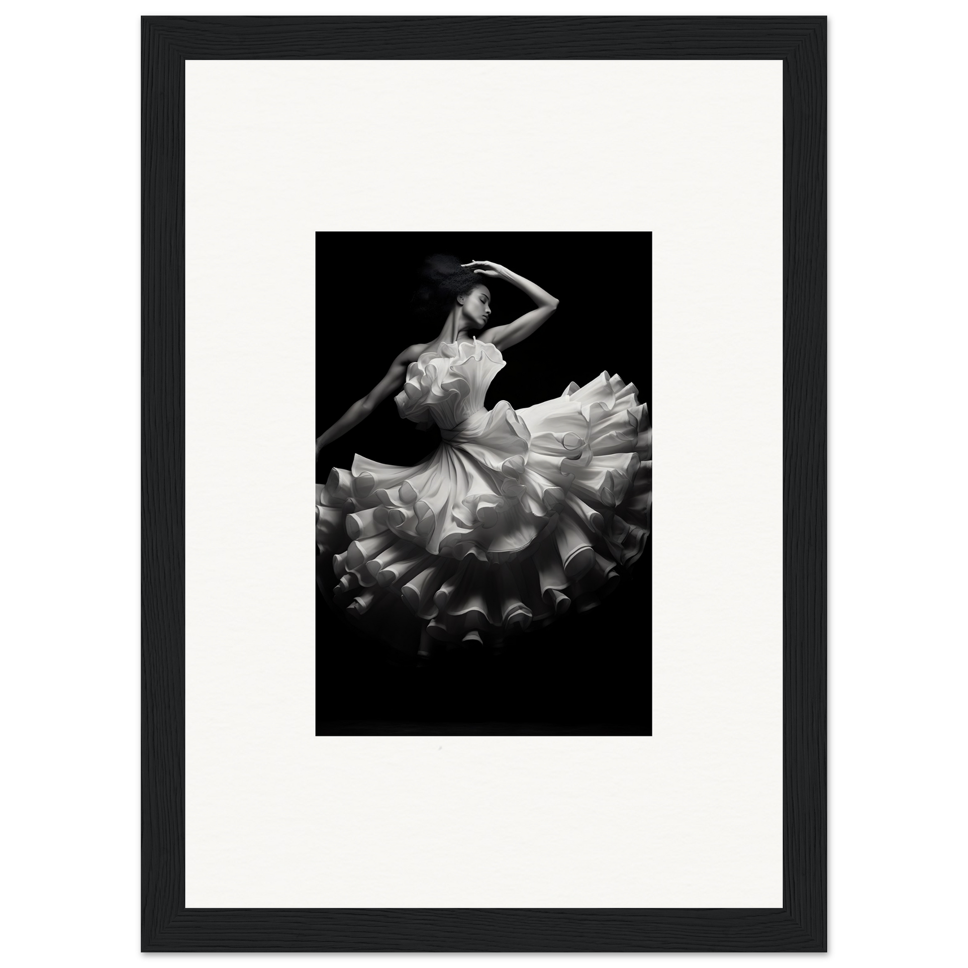 Black and white photograph of a dancer in a flowing, ruffled skirt mid-movement.