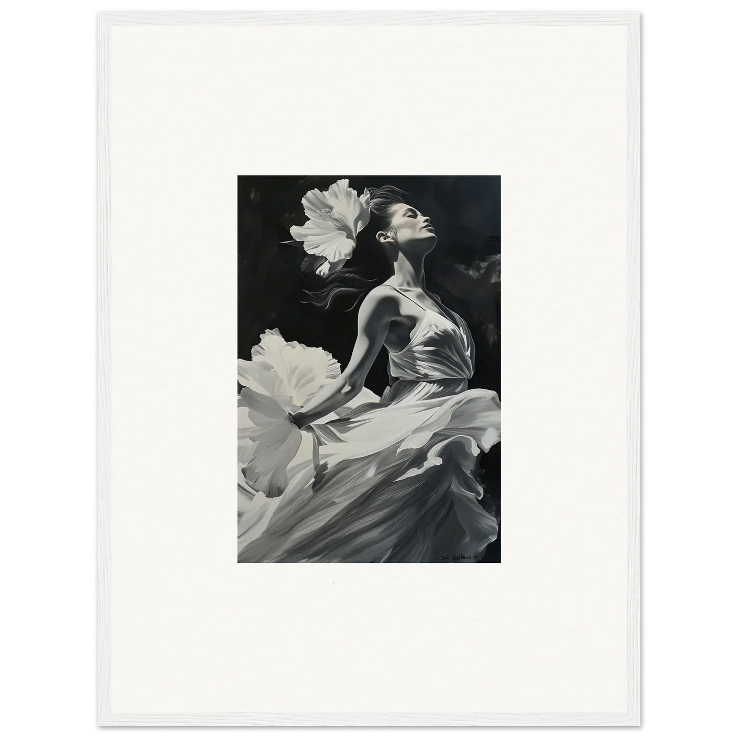 Black and white photo of a woman with flowing fabric, perfect for a visionary reverie canvas print