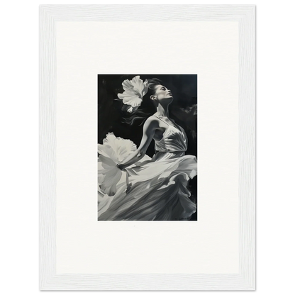 Black and white canvas print of a visionary reverie with flowing fabric and large flowers