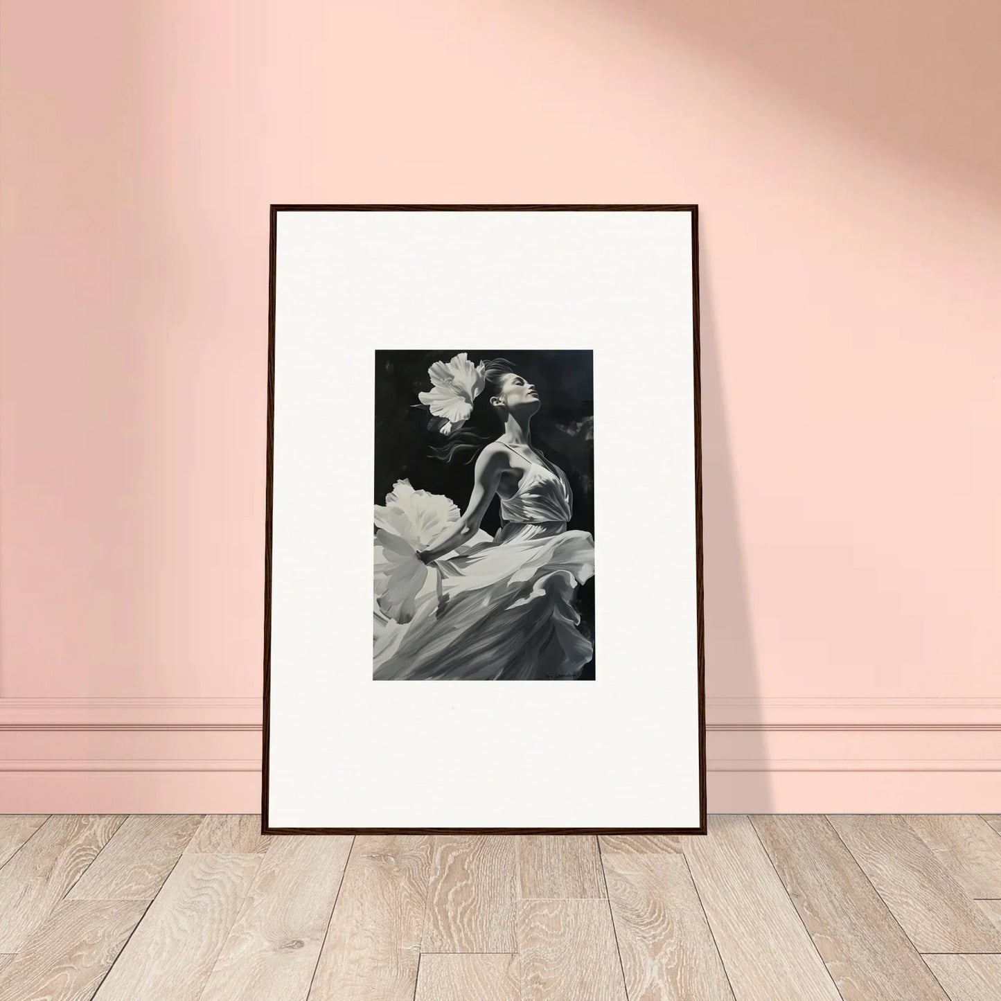 Framed black and white photo of a figure with flowers for dreamy room decoration