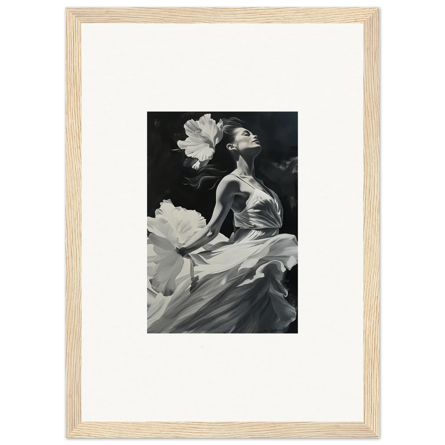 Black and white canvas print of a graceful figure in visionary reverie with flower petals