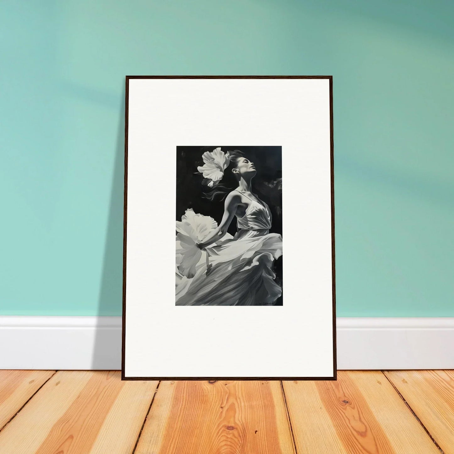 Framed black and white canvas print of a figure with flowers for a visionary reverie room decoration