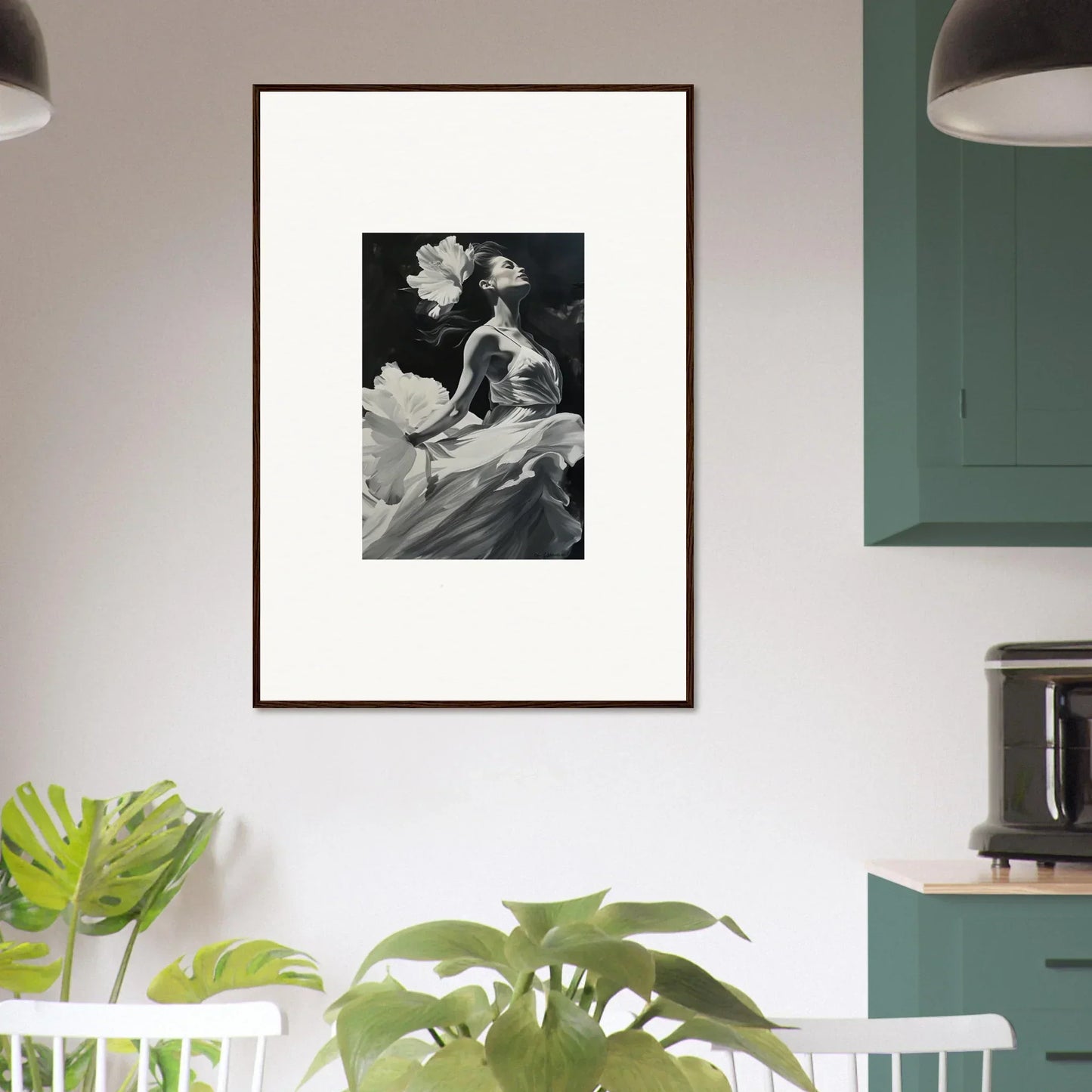 Framed black and white nude with flowers for a visionary reverie room decoration