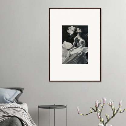 Framed black and white photo of figure with flowers, perfect for visionary reverie room decoration