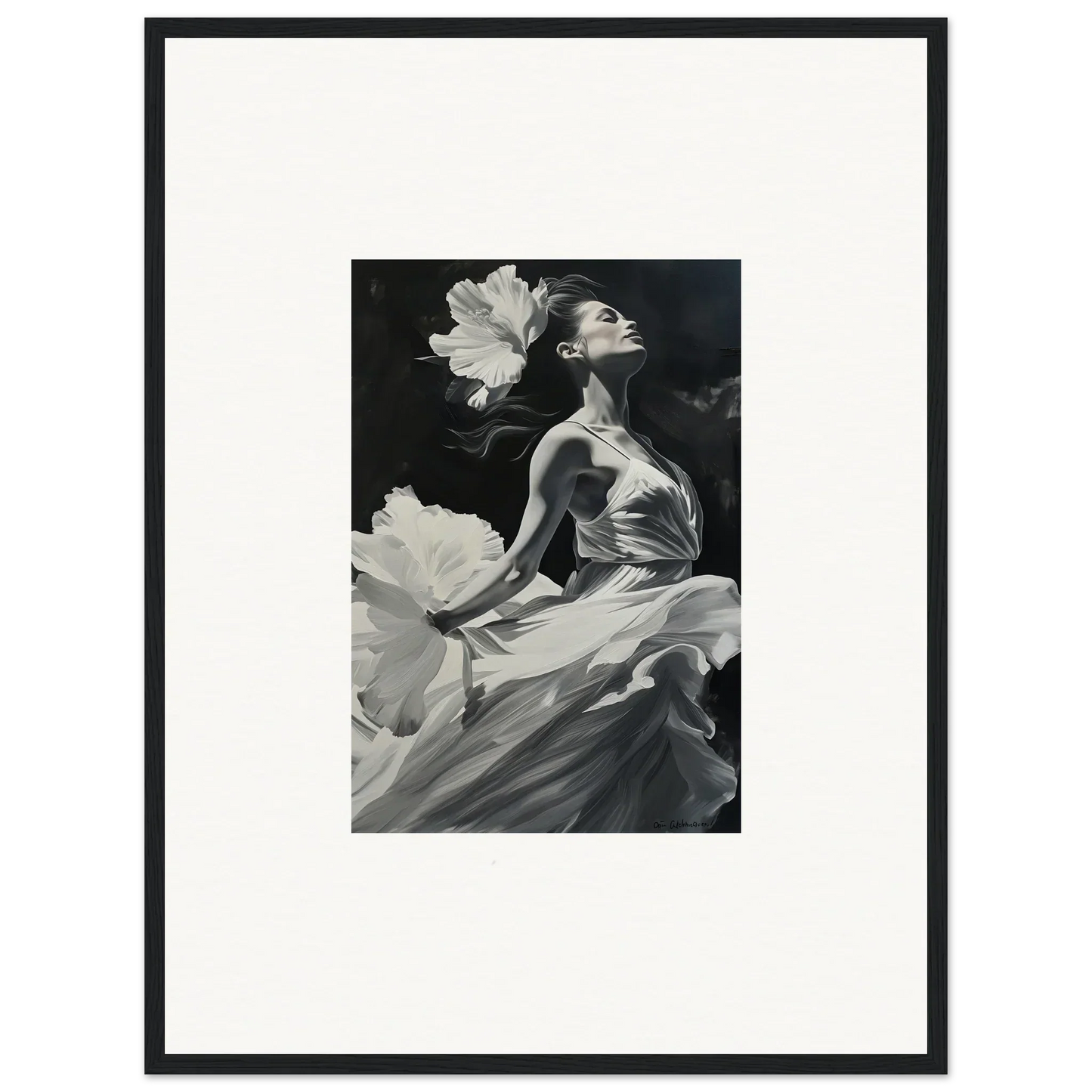 Black and white canvas print of a woman in flowing fabric for visionary reverie room decoration