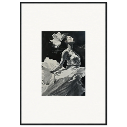 Black and white canvas print of a woman in flowing fabric amidst flower petals for visionary reverie