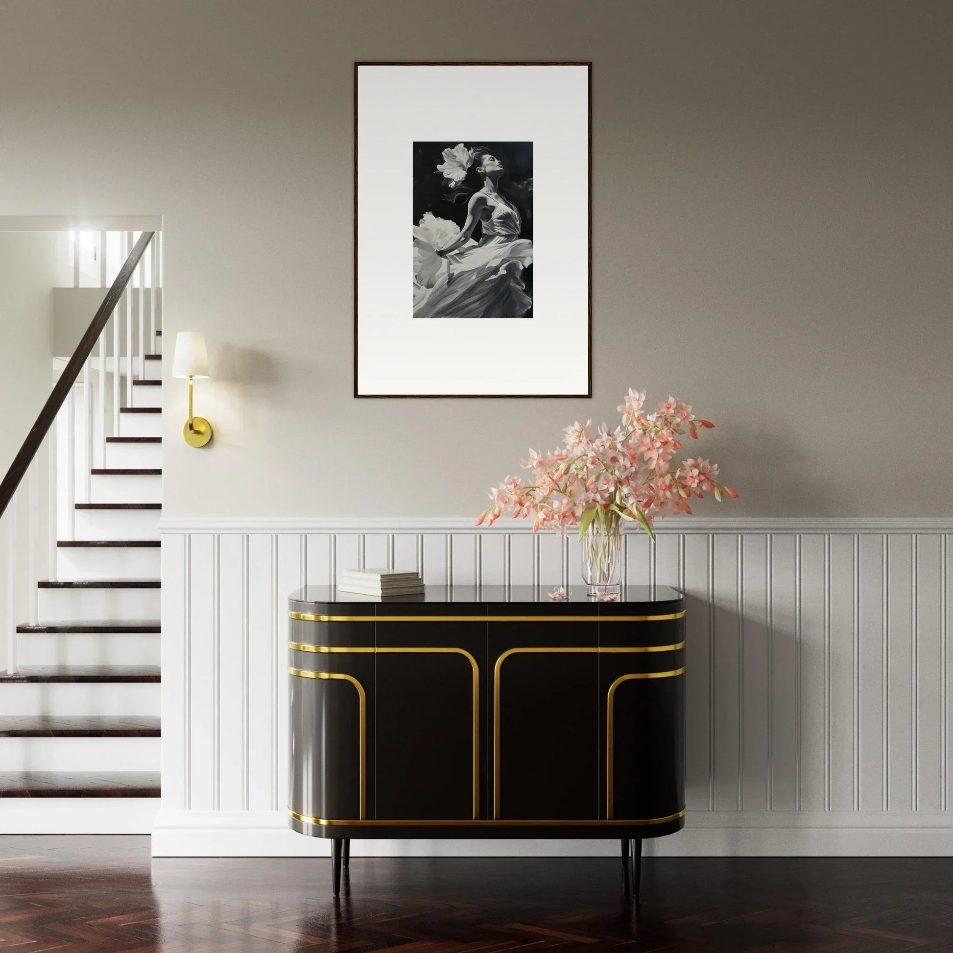 Elegant black and gold sideboard for a visionary reverie in room decoration