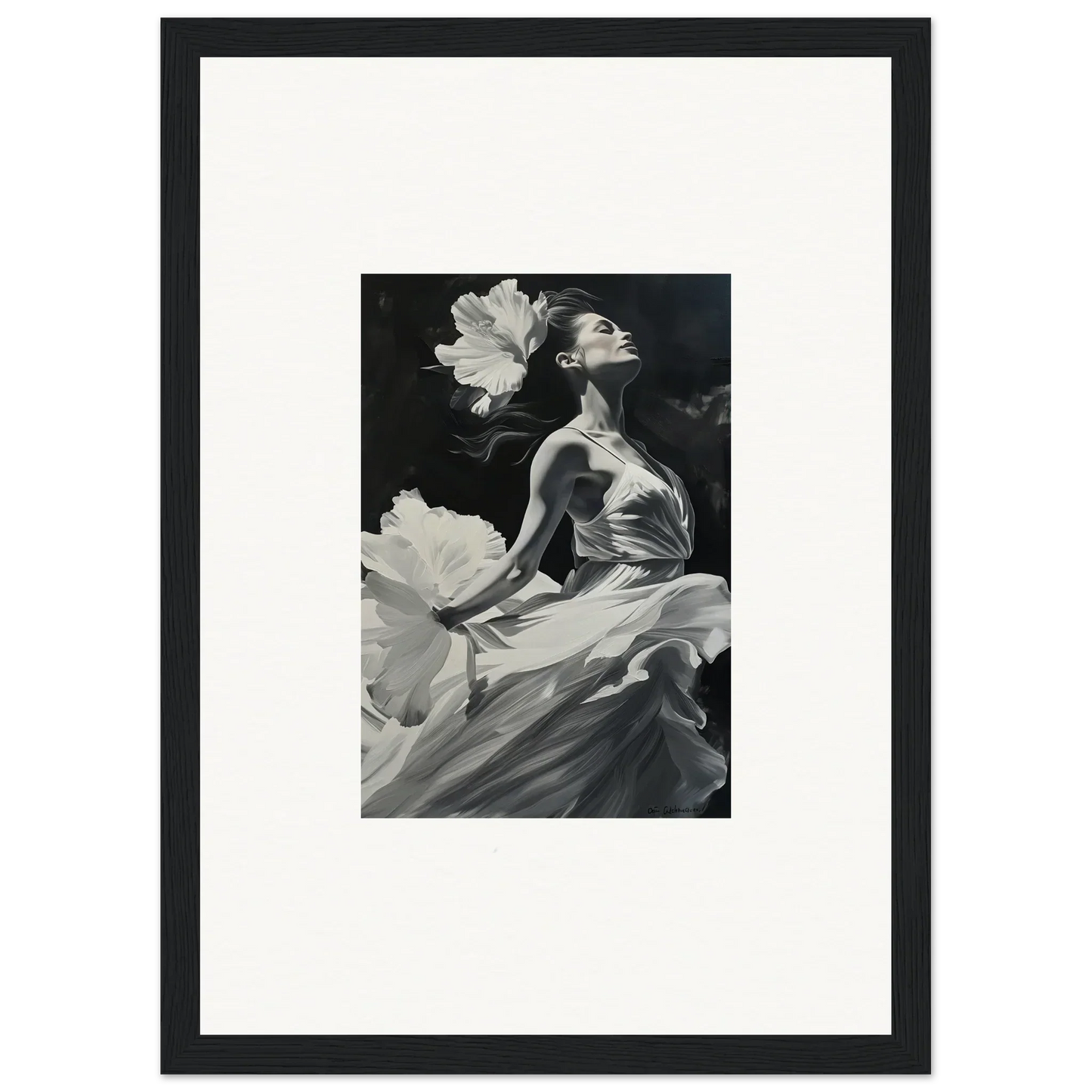 Black and white canvas print of a graceful figure in visionary reverie with flower petals