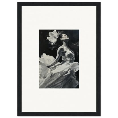 Black and white canvas print of a graceful figure in visionary reverie with flower petals