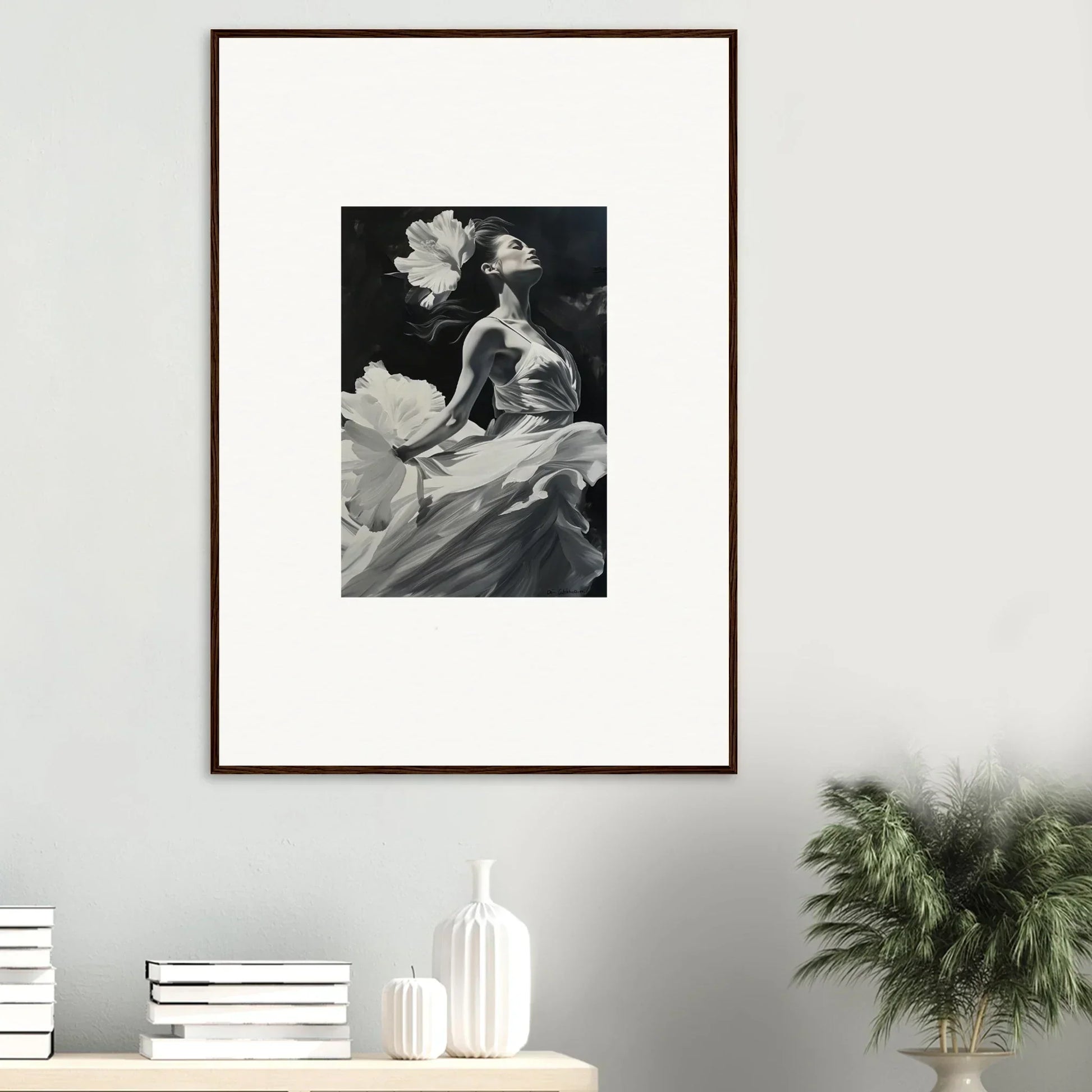 Framed black and white canvas print of a figure in flowing fabric for visionary reverie room decoration