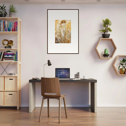 Cozy home office workspace featuring Blossom Reverie canvas print and stylish decor