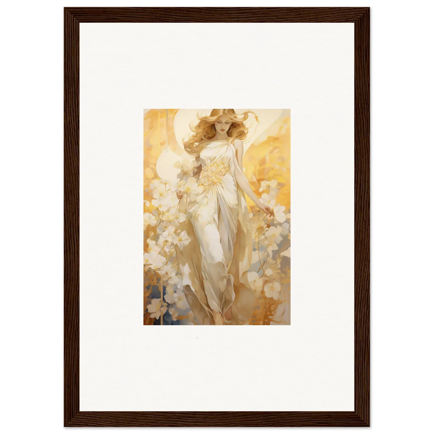 Framed canvas print of an ethereal female figure in a blossom reverie surrounded by flowers