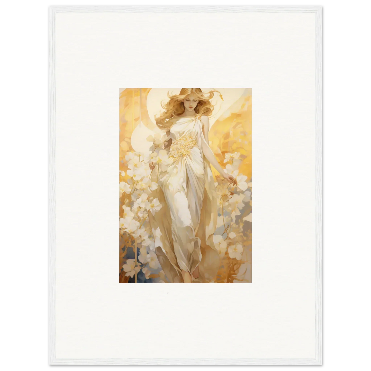 Ethereal Blossom Reverie canvas print of a woman in white surrounded by golden light