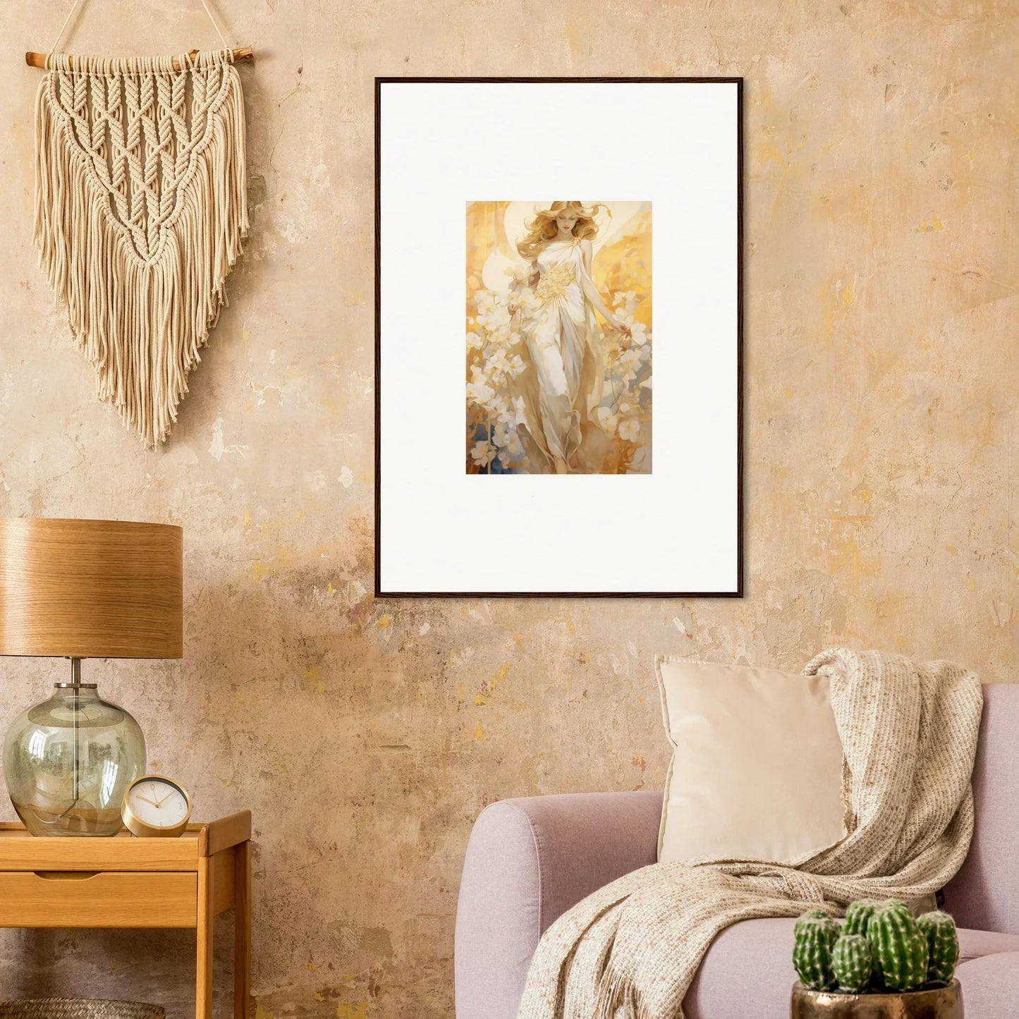 Framed canvas print of a figure in golden hues for your Blossom Reverie room decoration