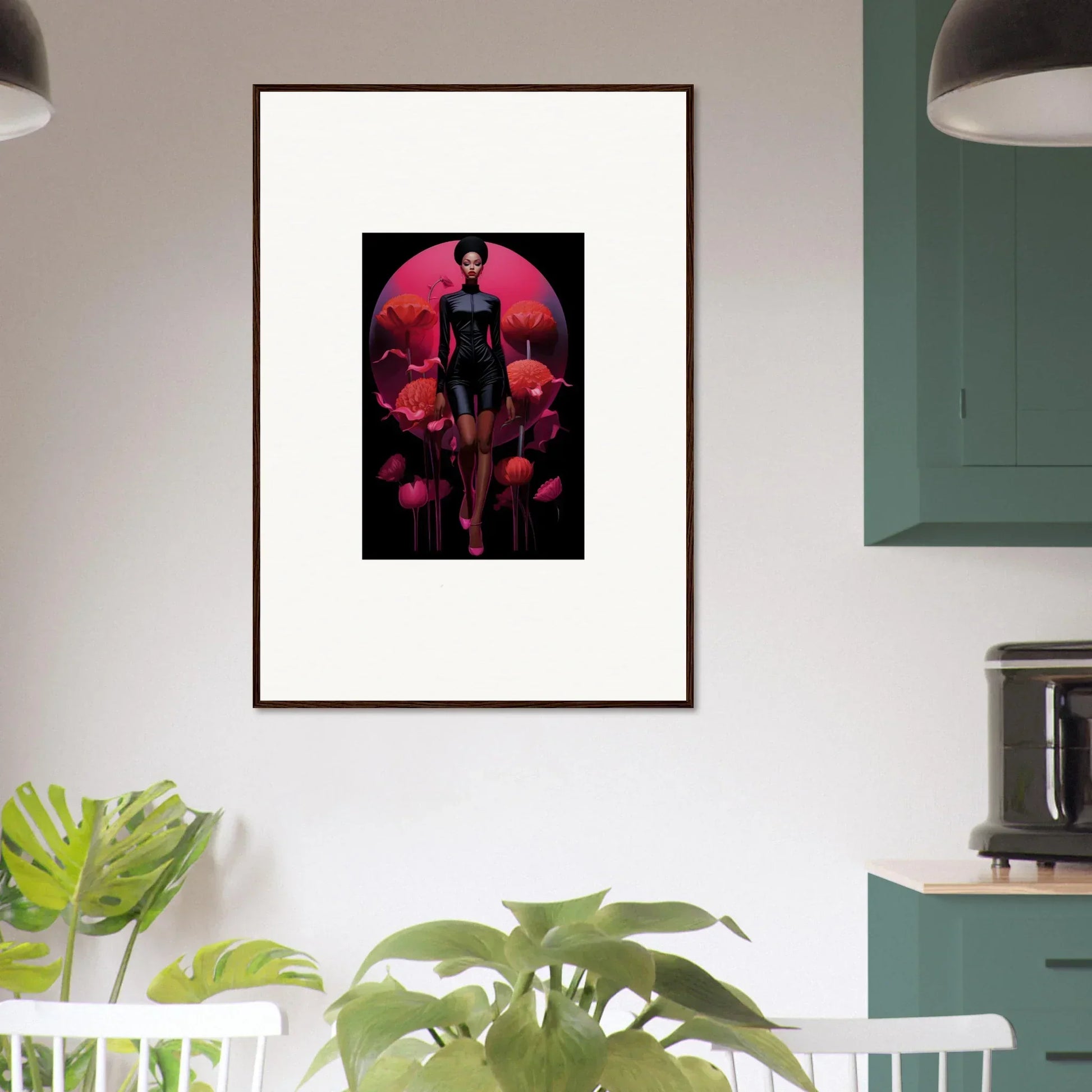 Framed Tribal Reverie canvas print featuring a silhouetted figure on a red circle